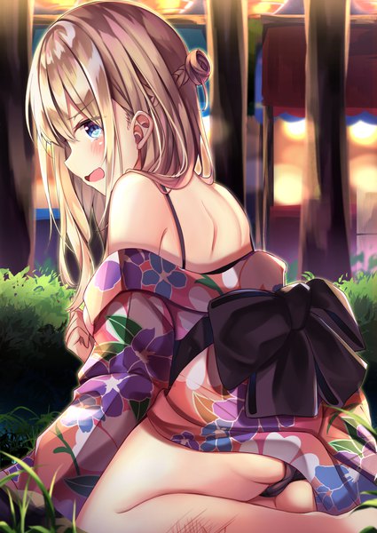 Anime picture 1649x2327 with original tsukasa tsubasa single long hair tall image blush fringe open mouth blue eyes light erotic blonde hair outdoors ass braid (braids) traditional clothes :d japanese clothes profile off shoulder wide sleeves