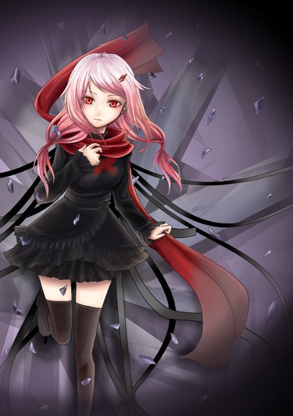 Anime picture 1200x1697 with guilty crown production i.g yuzuriha inori garan single long hair tall image looking at viewer red eyes twintails pink hair long sleeves low twintails girl thighhighs dress skirt hair ornament black thighhighs hairclip