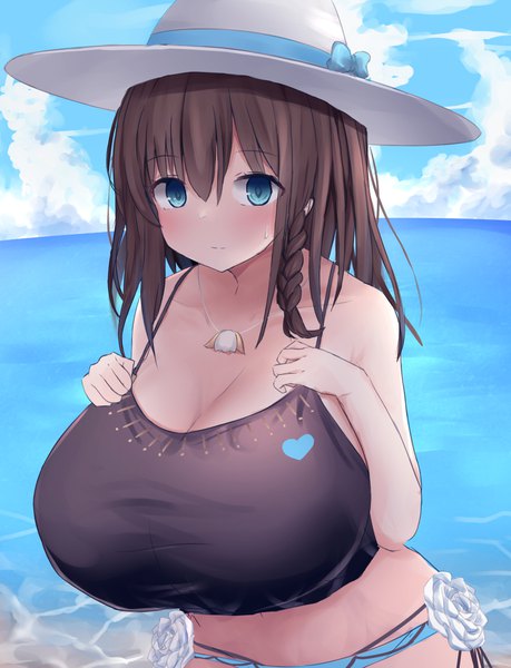 Anime picture 1837x2400 with fate (series) fate/grand order charlotte corday (fate/grand order) charlotte corday (swimsuit caster) (fate) yuuki shuri single tall image looking at viewer blush fringe highres short hair breasts blue eyes light erotic hair between eyes brown hair sky cleavage cloud (clouds)