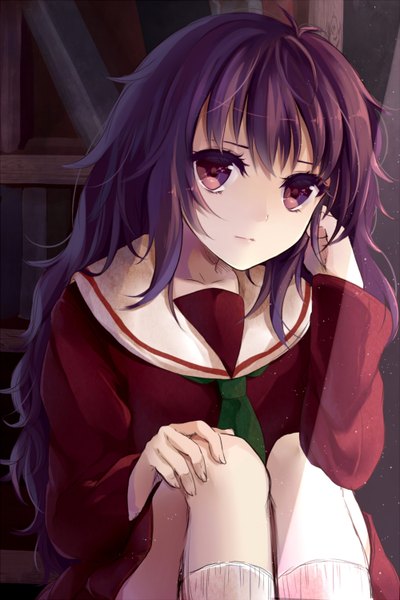 Anime picture 1000x1500 with original puracotte single long hair tall image looking at viewer purple eyes purple hair girl uniform socks serafuku white socks