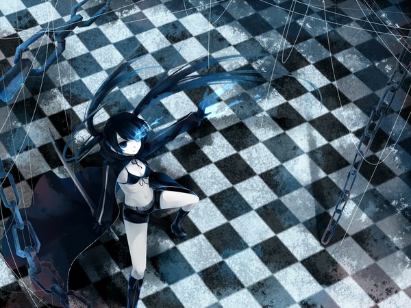 Anime picture 2000x1500 with black rock shooter black rock shooter (character) dhiea single long hair highres black hair standing twintails full body from above glowing glowing eye (eyes) checkered floor floor checkered background girl weapon shorts boots