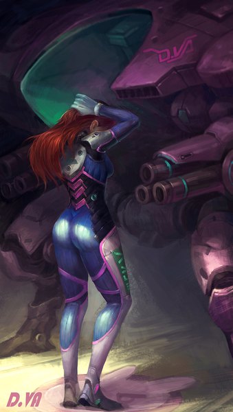 Anime picture 1131x2000 with overwatch blizzard entertainment d.va (overwatch) meka (overwatch) chen nan single long hair tall image breasts light erotic brown hair standing full body bent knee (knees) ass from behind arms up character names hairdressing girl