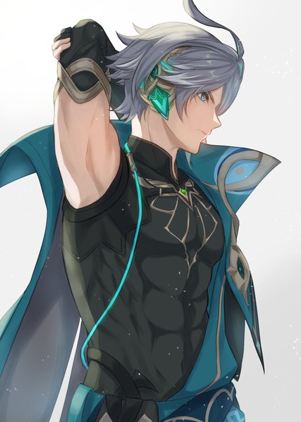 Anime picture 1054x1482 with genshin impact alhaitham (genshin impact) u2 (yuniu222) single tall image short hair simple background white background looking away silver hair upper body ahoge profile aqua eyes arms behind head muscle abs boy