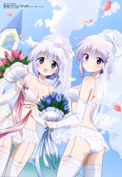 Anime-Bild 4103x5937 mit alice or alice megami magazine airi (alice or alice) rise (alice or alice) ishikawa puro tall image looking at viewer blush fringe highres short hair breasts open mouth light erotic hair between eyes standing purple eyes bare shoulders multiple girls green eyes