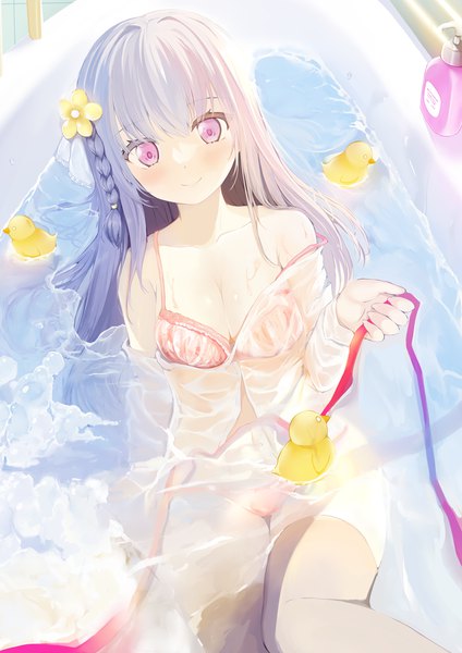 Anime picture 800x1131 with original moe2022 rennkuu single long hair tall image looking at viewer light erotic smile purple eyes silver hair hair flower from above partially submerged wet clothes wet shirt girl underwear panties flower (flowers)