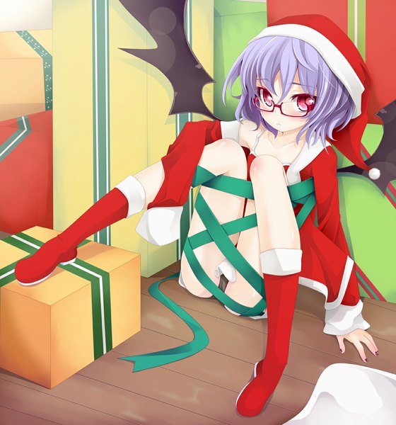 Anime picture 1025x1097 with touhou remilia scarlet ogami kazuki single tall image looking at viewer short hair light erotic red eyes purple hair pantyshot christmas merry christmas bespectacled girl underwear ribbon (ribbons) wings glasses boots