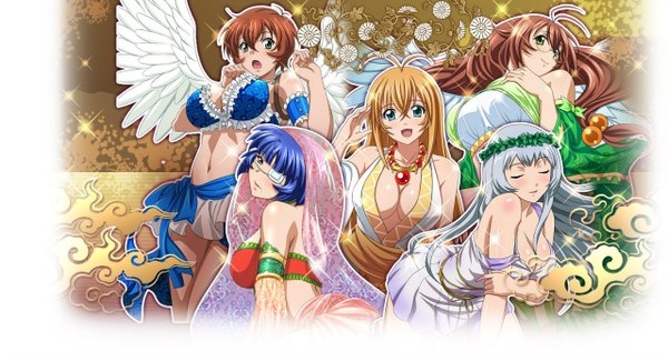 Anime picture 1280x695 with ikkitousen sonsaku hakufu ryomou shimei chouun shiryuu ryuubi gentoku chinkyuu koudai long hair blush short hair breasts open mouth blue eyes light erotic brown hair multiple girls green eyes blue hair silver hair eyes closed traditional clothes