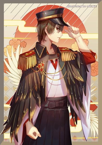 Anime picture 2480x3508 with persona 5 persona akechi gorou mozer (zerlinda) single tall image looking at viewer fringe highres short hair hair between eyes brown hair standing brown eyes signed traditional clothes japanese clothes profile wide sleeves border