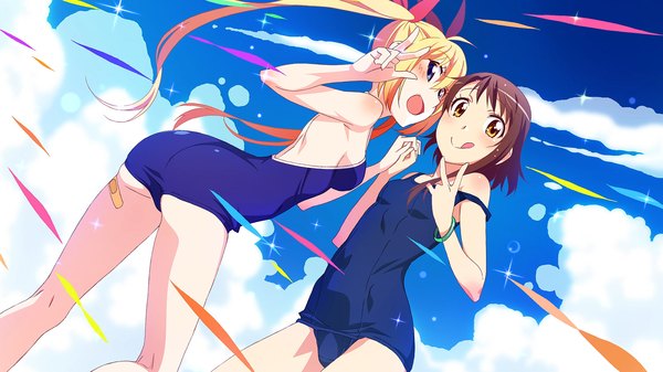 Anime-Bild 1920x1080 mit nisekoi shaft (studio) kirisaki chitoge onodera kosaki watanabe akio long hair looking at viewer blush highres open mouth blue eyes light erotic blonde hair smile brown hair wide image multiple girls brown eyes sky cloud (clouds)