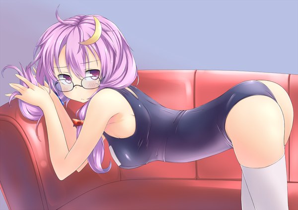 Anime picture 1040x735 with touhou patchouli knowledge spirytus tarou single long hair looking at viewer blush light erotic purple eyes twintails purple hair girl thighhighs hair ornament swimsuit white thighhighs glasses one-piece swimsuit couch school swimsuit
