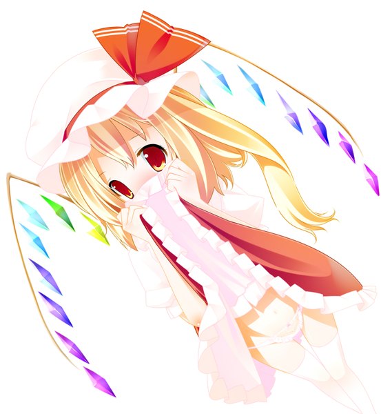 Anime picture 1500x1626 with touhou flandre scarlet zefa (neoaltemice) tall image short hair light erotic blonde hair red eyes girl thighhighs dress underwear panties white thighhighs wings bonnet crystal