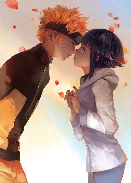 Anime picture 1573x2200 with naruto studio pierrot naruto (series) uzumaki naruto hyuuga hinata malu tall image short hair black hair blonde hair eyes closed profile lips couple tears facial mark face to face whisker markings jinchuriki almost kiss