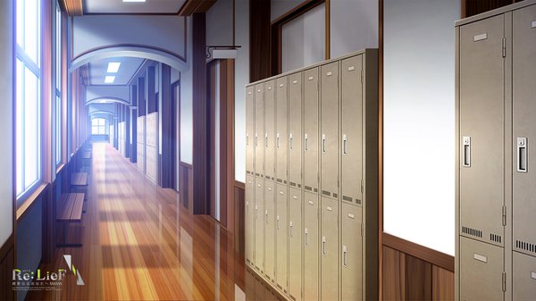 Anime picture 1280x720 with re:lief ebisutaro wide image sunlight inscription shadow copyright name no people window bench school hallway