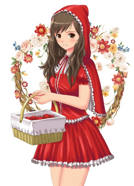 Anime picture 2125x2952 with original xiao lian long hair tall image blush highres black hair brown eyes signed little red riding hood (cosplay) girl dress flower (flowers) apple basket