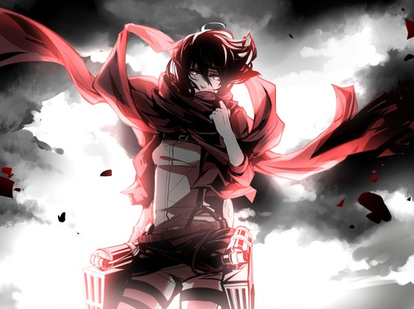 Anime picture 1451x1088 with shingeki no kyojin production i.g mikasa ackerman kristin13 (pixiv) single short hair black hair white eyes girl uniform weapon belt scarf red scarf