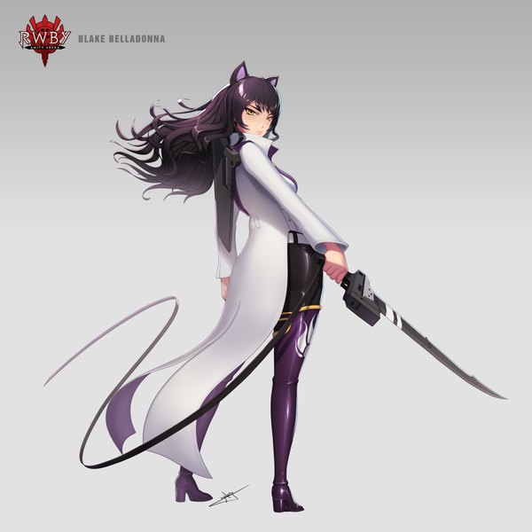Anime picture 6000x6000 with rwby rooster teeth blake belladonna uyalago single long hair looking at viewer fringe highres black hair simple background standing signed animal ears yellow eyes absurdres full body long sleeves looking back from behind