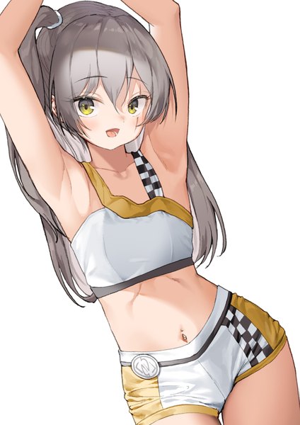 Anime picture 1415x2000 with girls frontline ump45 (girls frontline) lee seok ho single long hair tall image looking at viewer blush fringe open mouth simple background smile hair between eyes standing white background yellow eyes :d grey hair arms up bare belly