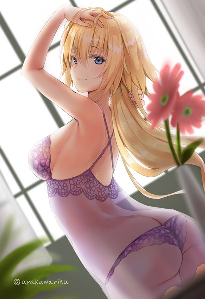 Anime picture 688x1000 with fate (series) fate/grand order fate/apocrypha jeanne d'arc (fate) (all) jeanne d'arc (fate) ayakawa riku single long hair tall image looking at viewer fringe breasts blue eyes light erotic blonde hair smile hair between eyes standing bare shoulders signed
