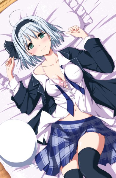 Anime picture 1056x1626 with touhou konpaku youmu nori tamago single tall image looking at viewer blush short hair blue eyes light erotic silver hair lying open shirt girl thighhighs skirt black thighhighs miniskirt shirt lingerie