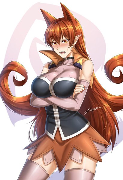 Anime picture 752x1100 with mairimashita! iruma-kun azazel ameri zxpfer single long hair tall image looking at viewer blush fringe breasts open mouth hair between eyes large breasts standing white background signed animal ears payot nail polish :d