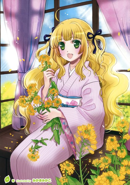 Anime picture 2541x3600 with girls, girls, girls! 10 (artbook) mikaki mikako single long hair tall image looking at viewer blush highres open mouth blonde hair sitting green eyes traditional clothes :d japanese clothes scan official art two side up wavy hair girl