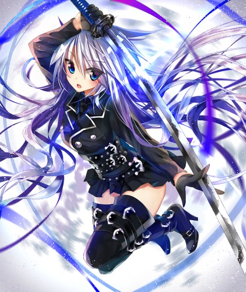 Anime picture 1086x1286 with original nekoboshi sakko single tall image blush fringe breasts open mouth blue eyes hair between eyes holding looking away silver hair bent knee (knees) long sleeves very long hair pleated skirt arm up from above zettai ryouiki