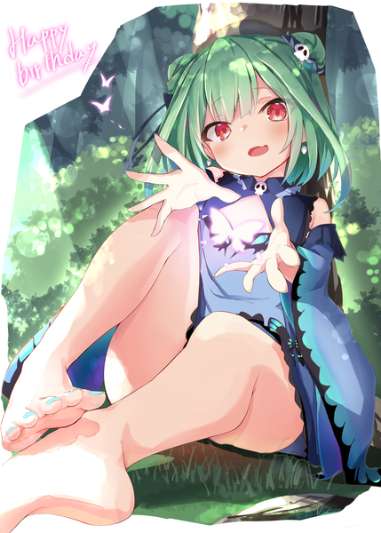 Anime picture 2500x3500 with virtual youtuber hololive uruha rushia uruha rushia (1st costume) toshizou (0714) single tall image looking at viewer blush highres short hair open mouth light erotic red eyes sitting outdoors nail polish barefoot green hair bare legs