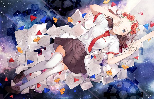 Anime picture 1200x776 with original vocaloid naguri single looking at viewer short hair blue eyes brown hair lying pleated skirt holding hands girl thighhighs skirt uniform flower (flowers) school uniform white thighhighs leaf (leaves) paper