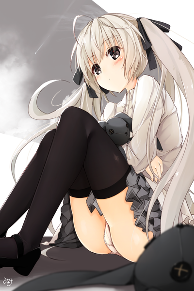 Anime picture 666x1000 with yosuga no sora kasugano sora minari (minari37) single long hair tall image blush light erotic twintails white hair black eyes pantyshot pantyshot sitting girl thighhighs skirt underwear panties ribbon (ribbons) black thighhighs