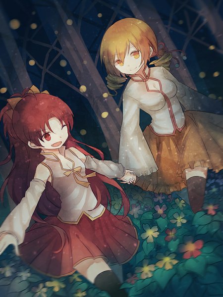 Anime picture 750x1000 with mahou shoujo madoka magica shaft (studio) sakura kyouko tomoe mami cuivre long hair tall image short hair open mouth blonde hair smile red eyes twintails bare shoulders multiple girls ponytail red hair one eye closed wink holding hands