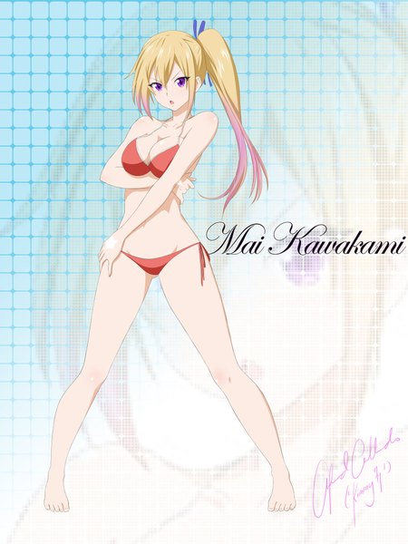Anime picture 1600x2133 with musaigen no phantom world kawakami mai single long hair tall image looking at viewer breasts open mouth light erotic blonde hair purple eyes groin side ponytail girl swimsuit bikini
