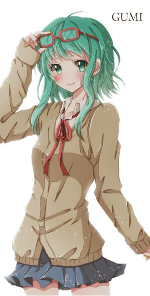 Anime picture 686x1353 with vocaloid gumi hiro (hirohiro31) single tall image looking at viewer blush short hair simple background smile white background green eyes green hair girl skirt glasses sweater