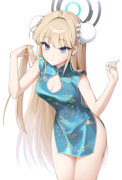 Anime picture 2908x4286 with blue archive toki (blue archive) taccho single long hair tall image looking at viewer fringe highres breasts blue eyes light erotic simple background blonde hair standing white background cleavage blunt bangs traditional clothes arms up