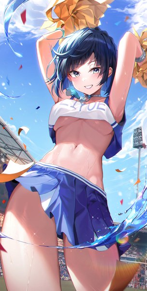 Anime picture 2000x3936 with genshin impact yelan (genshin impact) lisa 78 single tall image looking at viewer blush fringe highres short hair breasts light erotic smile large breasts holding green eyes blue hair sky cloud (clouds) outdoors