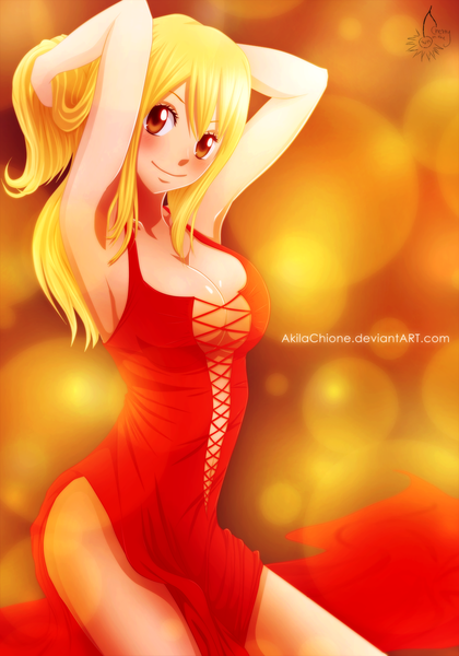 Anime picture 1050x1500 with fairy tail lucy heartfilia akilachione single long hair tall image blush breasts light erotic blonde hair smile brown eyes armpit (armpits) coloring arms behind head girl dress red dress