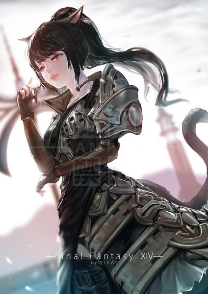 Anime picture 2480x3508 with final fantasy final fantasy xiv square enix miqo'te yi cat single long hair tall image looking at viewer fringe highres black hair red eyes standing signed animal ears payot outdoors ponytail tail