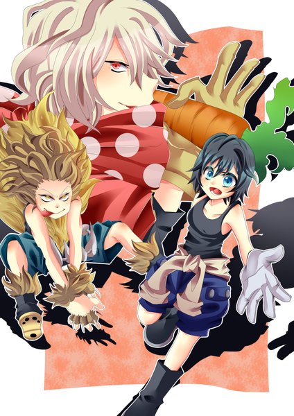 Anime picture 2480x3507 with oumagadoki zoo (manga) shiina (zoo) aoi hana (zoo) shishido (oumagadoki zoo) tenoto (apple ringo) tall image blush highres short hair open mouth blue eyes black hair red eyes brown hair yellow eyes silver hair shadow outstretched arm group polka dot