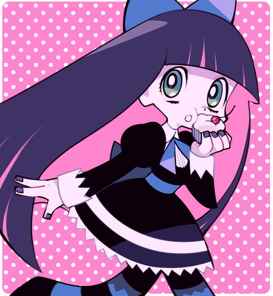 Anime picture 1188x1288 with panty & stocking with garterbelt anarchy stocking ikuchi osutega single long hair tall image looking at viewer fringe open mouth simple background holding green eyes purple hair blunt bangs nail polish multicolored hair two-tone hair puffy sleeves pink background colored inner hair