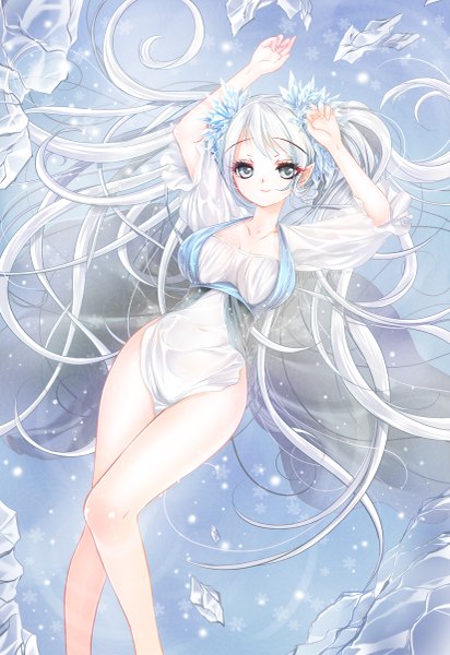 Anime picture 825x1200 with original kokutou mimi single long hair tall image looking at viewer blue eyes light erotic white hair pointy ears girl dress hair ornament ice