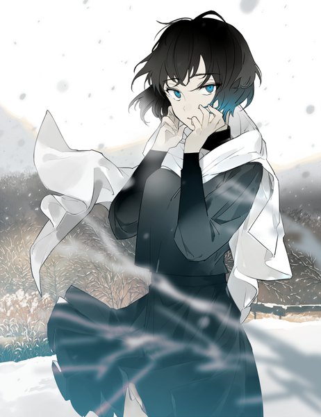 Anime picture 694x900 with original lowe (slow) single tall image looking at viewer short hair blue eyes black hair outdoors pleated skirt wind snowing winter snow hands on face girl skirt plant (plants) tree (trees) scarf
