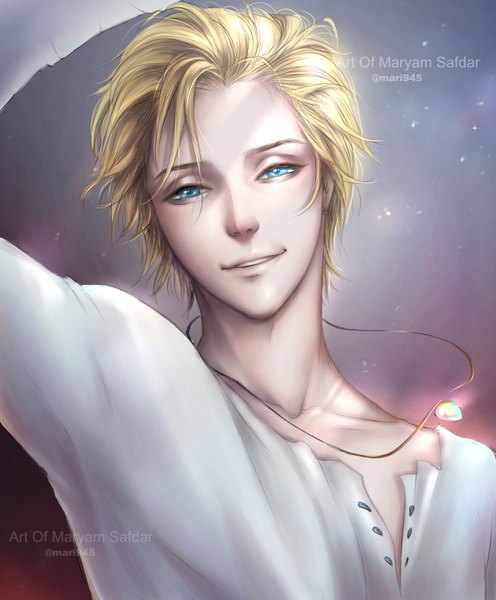 Anime picture 2480x3000 with original mari945 single tall image looking at viewer highres short hair blue eyes simple background blonde hair smile signed upper body arm up realistic sparkle boy pendant