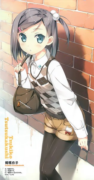 Anime picture 1756x3342 with hentai ouji to warawanai neko j.c. staff tsutsukakushi tsukiko single tall image looking at viewer highres short hair blue eyes black hair one side up against wall legwear under shorts girl bag vest