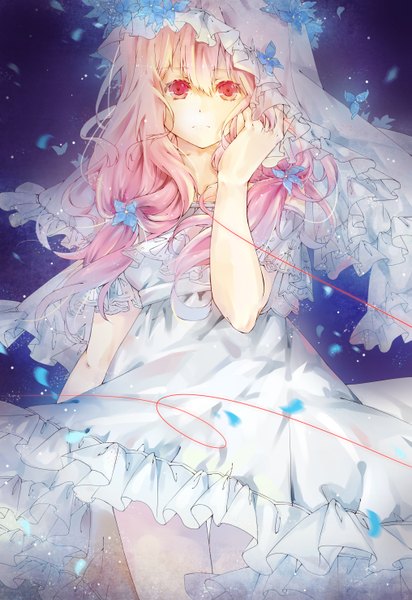 Anime picture 2031x2952 with guilty crown production i.g yuzuriha inori vieny single long hair tall image looking at viewer highres standing pink hair pink eyes hair flower short sleeves expressionless hand on cheek girl dress hair ornament flower (flowers)