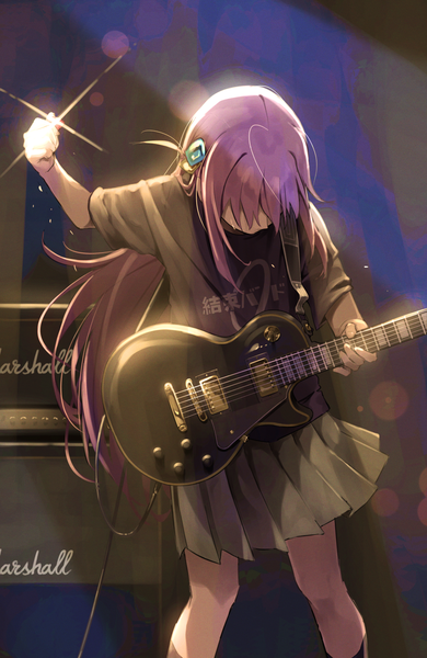 Anime picture 1296x1992 with bocchi the rock! cloverworks gotou hitori greenkohgen single long hair tall image pink hair head tilt pleated skirt sparkle one side up hair over eyes playing instrument girl skirt t-shirt musical instrument guitar electric guitar