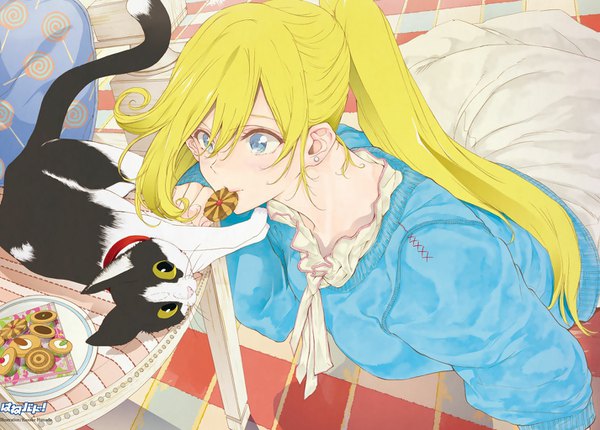 Anime picture 1426x1024 with hanebado! connie christensen hamada kousuke single long hair fringe blue eyes blonde hair hair between eyes sitting holding looking away ponytail official art sweat mouth hold girl earrings animal cat
