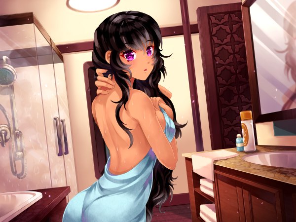 Anime picture 2400x1800 with hunie pop kyanna delrio kaskia single long hair looking at viewer blush fringe highres breasts open mouth light erotic black hair standing purple eyes indoors fingernails wet dark skin reflection