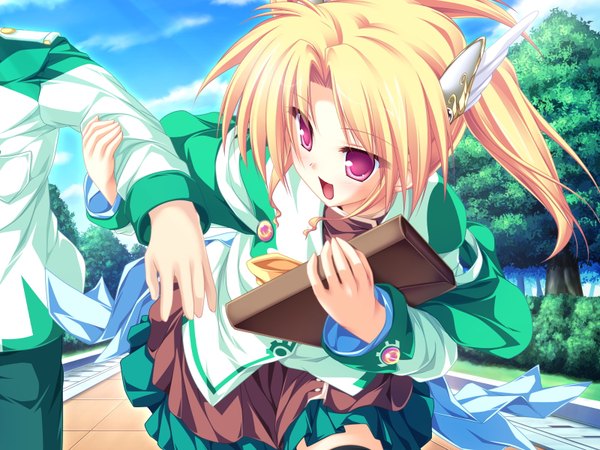 Anime picture 1600x1200 with magus tale whirlpool (studio) rena geminis tenmaso long hair blush open mouth blonde hair twintails looking away game cg sky cloud (clouds) pink eyes running girl boy uniform plant (plants) school uniform