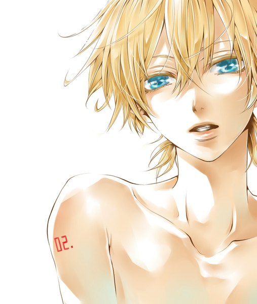 Anime picture 1600x1894 with vocaloid kagamine len hakuseki single tall image looking at viewer short hair blue eyes simple background blonde hair white background bare shoulders aqua eyes tattoo boy