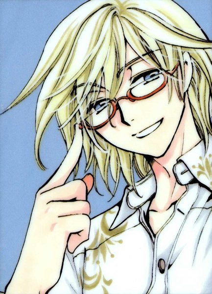 Anime picture 1155x1600 with tsubasa reservoir chronicle clamp fay d flourite tall image blue eyes simple background blonde hair smile blue background boy shirt glasses