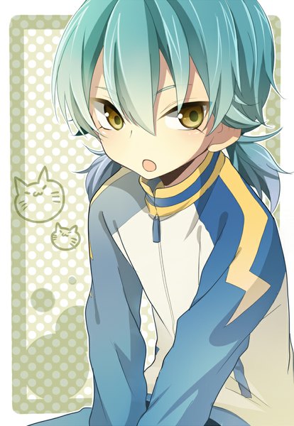 Anime picture 690x1000 with inazuma eleven inazuma eleven go kariya masaki izumi39 single long hair tall image open mouth hair between eyes twintails yellow eyes looking away aqua hair low twintails border polka dot polka dot background boy uniform gym uniform